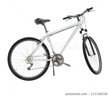 White bicycle standing on kickstand, side view isolated on white background, 3D illustration 121198336