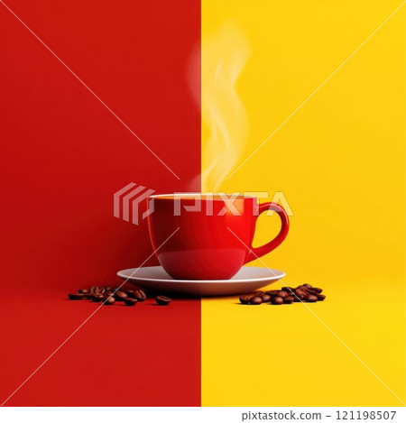 Hot Coffee in a Red Cup with Coffee Beans on Vibrant Background 121198507