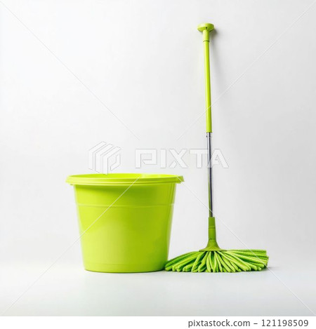 Colorful Mop and Bucket Set for Cleaning on Minimal Background 121198509