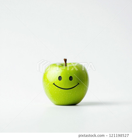 Smiling Green Apple on White Background 121198527