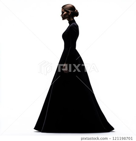 Elegant Woman in Black Dress Isolated on White 121198701