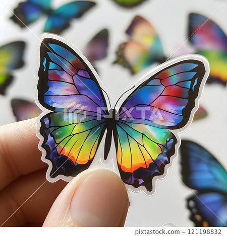 Fingers holding a transparent rainbow butterfly sticker with other colorful butterfly stickers blurred in the background 121198832