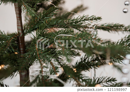 Close-Up of Christmas Tree Branches with Holiday Decorations 121198997