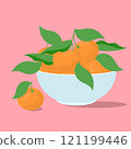 Mandarins with leaves in a bowl on a pink background 121199446