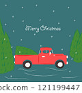 Red truck carries a Christmas tree among trees and snow. Inscription Merry Christmas 121199447
