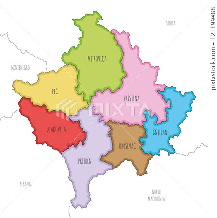 Vector illustrated regional map of Kosovo with districts and administrative divisions, and neighbouring countries and territories. Editable and clearly labeled layers. 121199488