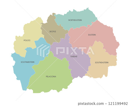 Vector map of North Macedonia with statistical regions or territories and administrative divisions. Editable and clearly labeled layers. Vector map of North Macedonia with statistical regions or territories and administrative divisions. Editable and clearly labeled layers. 121199492