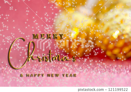 Merry Christmas and Happy New Year wishes text on red background with blurred golden Christmas balls background 121199522