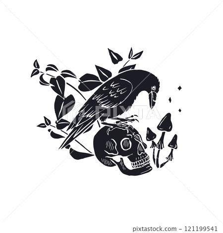 Hand drawn monochrome inky sketch style raven or crow sitting on human skull silhouette 121199541
