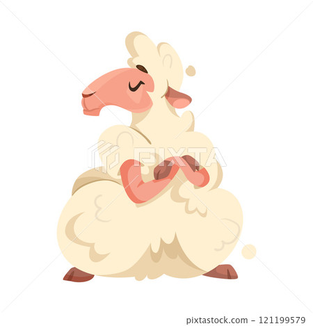 Funny Sheep Farm Character with Wooly Body and Hoof Sit with Grumpy Face Vector Illustration 121199579