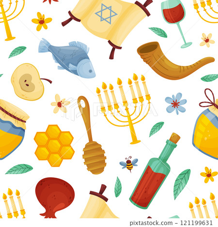 Shana Tova Seamless Pattern Design with Symbols of Jewish Holiday Vector Template Shana Tova Seamless Pattern Design with Symbols of Jewish Holiday Vector Template 121199631