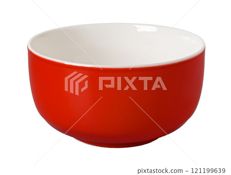Empty red porcelain bowl cutout. Clean scarlet ramekin isolated on a white background. 121199639