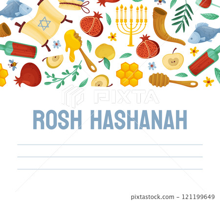 Shana Tova Banner Design with Symbols of Jewish Holiday Vector Template 121199649