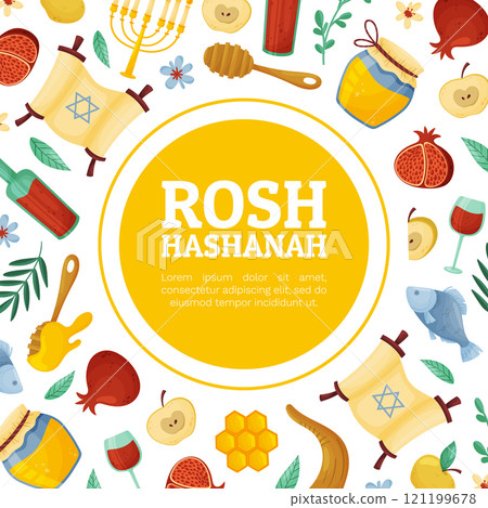 Shana Tova Banner Design with Symbols of Jewish Holiday Vector Template Shana Tova Banner Design with Symbols of Jewish Holiday Vector Template 121199678