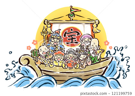 寶船上的七福神手繪插畫 121199759