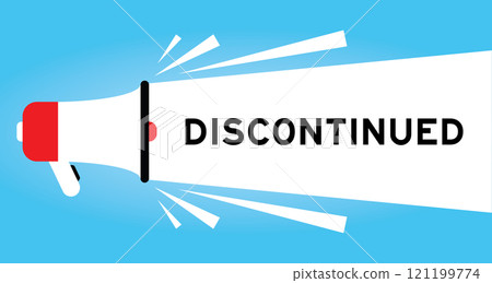 Color megaphone icon with word discontinued in white banner on blue background Color megaphone icon with word discontinued in white banner on blue background 121199774
