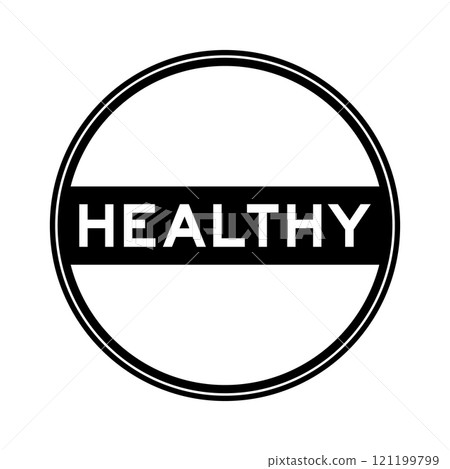 Black color round seal sticker in word healthy on white background 121199799