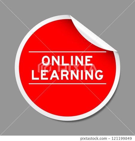 Red color peel sticker label with word online learning on gray background Red color peel sticker label with word online learning on gray background 121199849