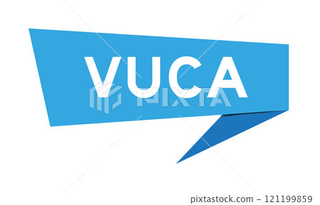 Blue color speech banner with word VUCA (abbreviation of Volatility, uncertainty, complexity and ambiguity) on white background 121199859