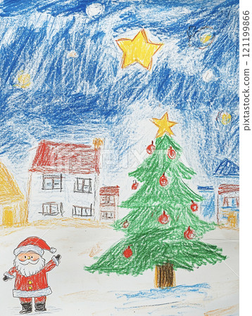 用蠟筆 AI 圖像繪製的聖誕老人和聖誕樹 121199866