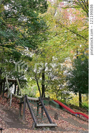 Playground equipment in a park surrounded by greenery 121199886