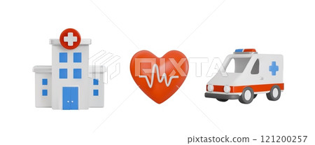 Medical theme 3D cartoon plastic style icons set, realistic heart with pulse line, hospital building and ambulance car 121200257