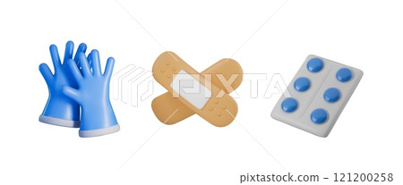 Vector 3d illustration of tablets in a package, rubber gloves, a medical patch 121200258
