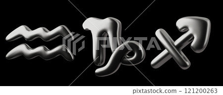 3D Aquarius, Sagittarius and Capricorn zodiac signs glossy chrome effect, silver alloy horoscope vector volume symbols 121200263