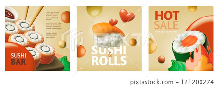 3d Illustration of a set of sushi posters for advertising purposes and hot discounts. 3d Illustration of a set of sushi posters for advertising purposes and hot discounts. 121200274