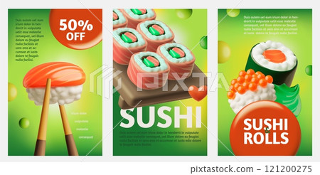 Sushi and rolls vector 3D advertising posters set, sushi roll with red fish, rice and nori, Chinese food, Asian dishes Sushi and rolls vector 3D advertising posters set, sushi roll with red fish, rice and nori, Chinese food, Asian dishes 121200275