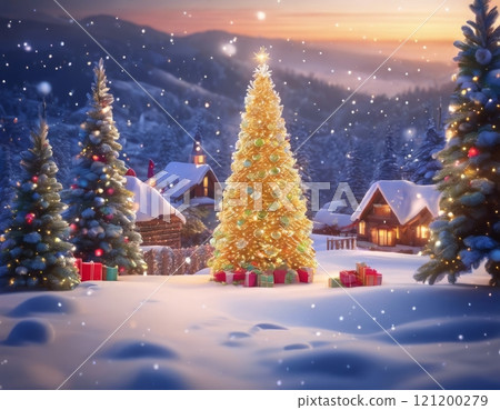Magical winter wonderland with glowing golden Christmas tree, snowy cabins, colorful gifts, twinkling lights, and snow-covered pines, for holiday card, background, seasonal design. 121200279