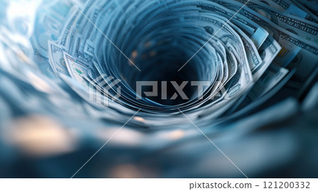 Debt defaulting crisis concept. A financial crisis, depicting a swirling vortex of banknotes 121200332