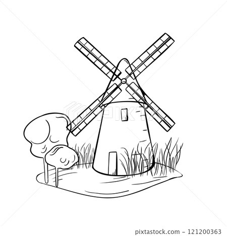 Rustic landscape of windmill, trees and grass black white vector illustration isolated. Rural making bread mill, tower mill hand drawn in line art for design package bread, flour, bakery, grocery. 121200363