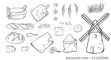 Windmill, wheat ears, empty straw basket and assorted bread hand drawn black white vector isolated. Set of line illustrations for themes of agriculture and flour milling, baking, and organic products. 121200366