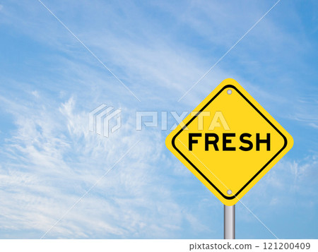 Yellow transportation sign with word fresh on blue color sky background Yellow transportation sign with word fresh on blue color sky background 121200409