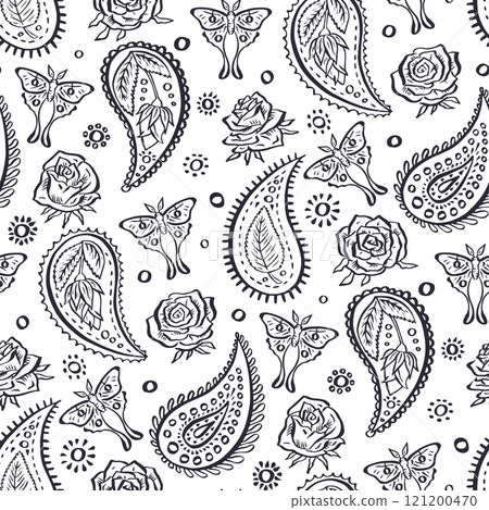 Seamless pattern with hand drawn monochrome inky Paisley, roses and luna moths Seamless pattern with hand drawn monochrome inky Paisley, roses and luna moths 121200470