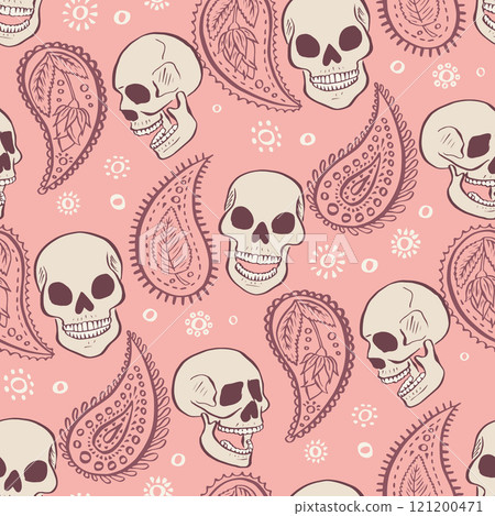 Seamless pattern with hand drawn inky floral skulls surrounded by paisley Seamless pattern with hand drawn inky floral skulls surrounded by paisley 121200471