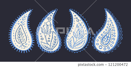 Set of monochrome blue hand drawn paisley motifs Set of monochrome blue hand drawn paisley motifs 121200472