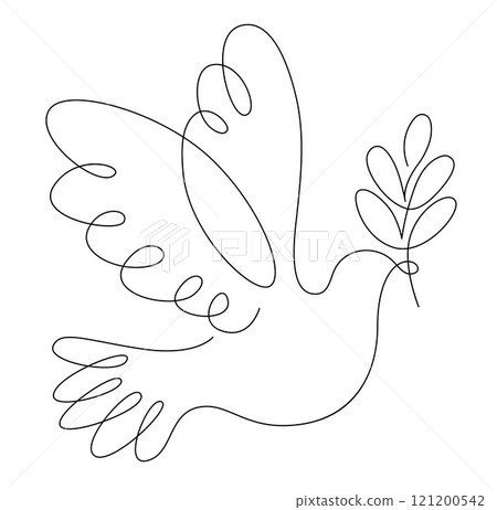 Dove with olive branch, symbol of peace and hope, One continuous line drawing of flying dove with olive branch Dove with olive branch, symbol of peace and hope, One continuous line drawing of flying dove with olive branch 121200542