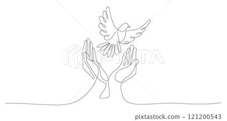 Hand with dove flying, Praying hands and white dove flying, hands releasing doves into the sky Hand with dove flying, Praying hands and white dove flying, hands releasing doves into the sky 121200543