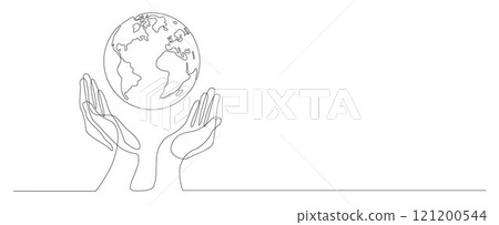 Globe on hands, earth in adult hands, earth day, world day line vector 121200544