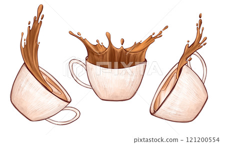Hand-drawn coffee splash cups set. Flowing coffee art emphasizing energy and creativity. Realistic brown splash from a minimalist porcelain mug. Eye-catching liquid motion for branding and posters Hand-drawn coffee splash cups set. Flowing coffee art emphasizing energy and creativity. Realistic brown splash from a minimalist porcelain mug. Eye-catching liquid motion for branding and posters 121200554