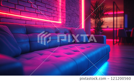 A modern, minimalist living room with a velvet Chesterfield sofa 121200560