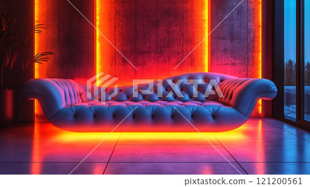 A modern, minimalist living room with a velvet Chesterfield sofa 121200561