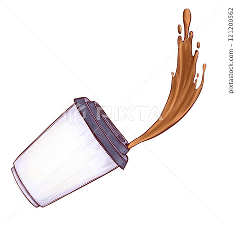 Spilling coffee from a takeaway cup in motion. Dynamic splash illustration with rich brown tones. Minimal hand-drawn design for drink concepts 121200562