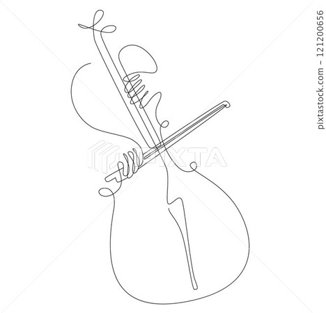 Cellist hands playing cello vector line, the bow on the strings cello closeup, cello music player continuous one line drawing minimalist 121200656