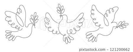 Dove, pigeon symbol of love peace and freedom in simple line vector, flying dove with olive branch 121200662