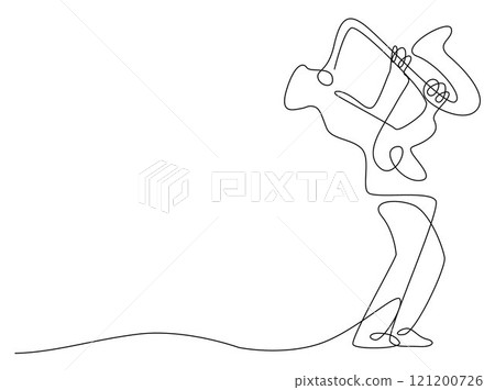 Saxophone player, Saxophonist playing jazz music instruments, jazz musician playing the saxophone line vector 121200726