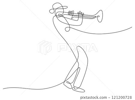 Man plays trumpet musical instrument line vector, musician playing trumpet Man plays trumpet musical instrument line vector, musician playing trumpet 121200728