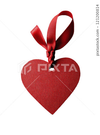 Unique red heart-shaped tag with a ribbon on a plain background for crafts or gifts Unique red heart-shaped tag with a ribbon on a plain background for crafts or gifts 121200814